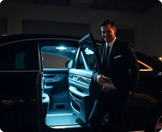 Driver assisting passenger with luxury car door